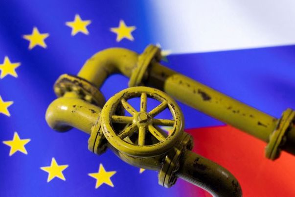 FILE PHOTO: Illustration shows Natural Gas Pipes and EU and Russian flags