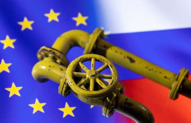 FILE PHOTO: Illustration shows Natural Gas Pipes and EU and Russian flags