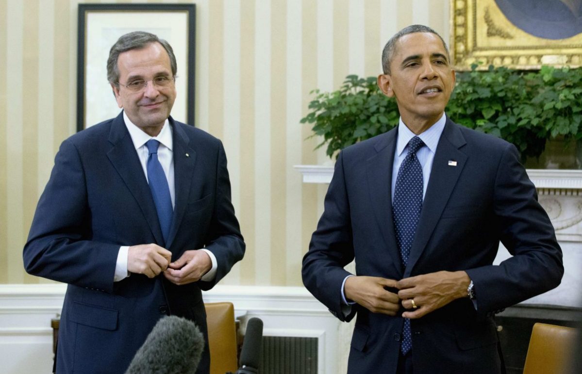U.S. President Obama meets with Greek PM Samaras in the Oval Office of the White House in Washington