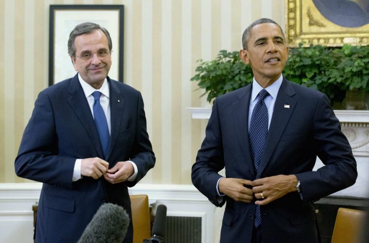 U.S. President Obama meets with Greek PM Samaras in the Oval Office of the White House in Washington